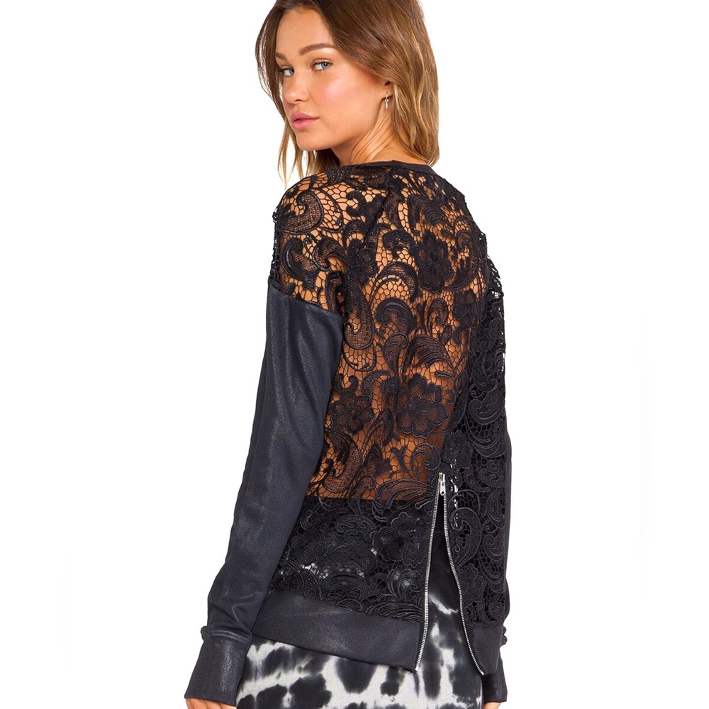 Pam & Gela Coated Leather Lace Inset Sweatshirt Small